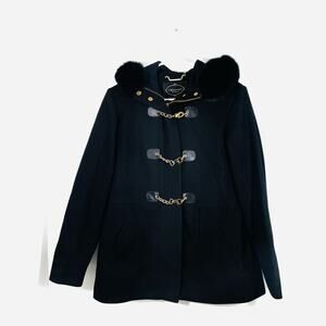 1 Madison Wool Cashmere Genuine Fox Fur Black Gold Chain Buckle Pea Coat 6